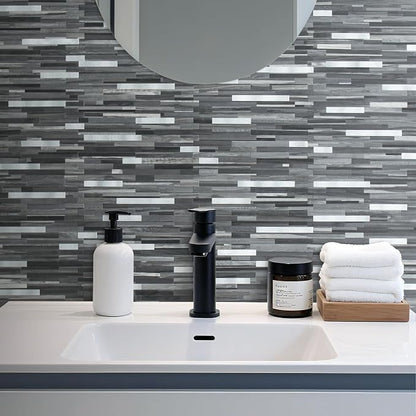 DICOFUN Peel and Stick Backsplash Tiles, Black & Grey Wood Look PVC Mixed Metal Stick on Backsplash Tiles, 1 Sheet