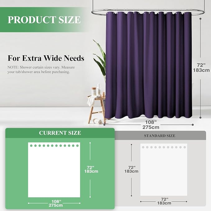 Extra Wide Waffle Shower Curtain 256 GSM Fabric 108x72 Purple | 108 Inch Wide, Thick Cloth, Weighted Hem, Water Repellent, Hotel Luxury Polyester Shower Curtain Set for Bathroom 18 Hooks