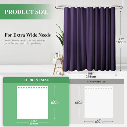 Extra Wide Waffle Shower Curtain 256 GSM Fabric 108x72 Purple | 108 Inch Wide, Thick Cloth, Weighted Hem, Water Repellent, Hotel Luxury Polyester Shower Curtain Set for Bathroom 18 Hooks