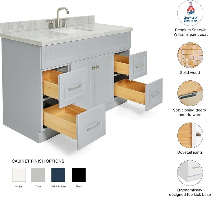 Bradford 54" Grey Single Bathroom Vanity with Sink, 1.5" Italian Carrara Marble Countertop, Rectangular Undermount Sink, 2 Soft Closing Doors, 4 Dovetail Drawers, Brushed Nickel