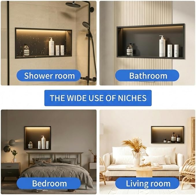 304 Stainless Steel LED Recessed Black Shower Niche 12"x30" Wall-Inserted | Waterproof Rustproof Bathroom Shower Niche Insert No Tile Needed, for Shower & Bathroom Storage