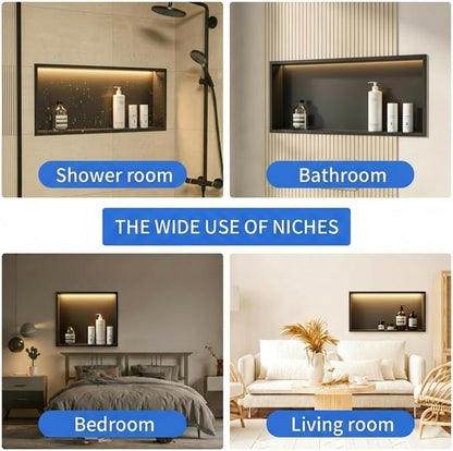 304 Stainless Steel LED Recessed Black Shower Niche 12"x30" Wall-Inserted | Waterproof Rustproof Bathroom Shower Niche Insert No Tile Needed, for Shower & Bathroom Storage