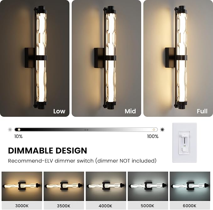 23.6" Black Wall Sconce, Modern Bathroom Vanity Light with Ripple Glass Shade, 5CCT Dimmable LED Wall Lighting 20W for Bedroom, Living Room, Hallway