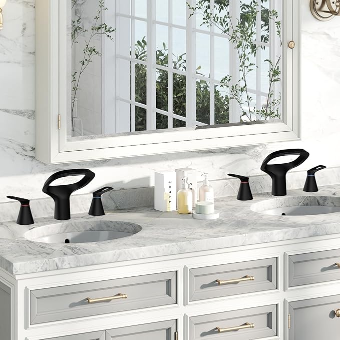Matte Black Bathroom Faucet 3 Hole, Modern Faucet for Bathroom Sink with Adjustable Spout, Solid Brass 8 Inch Widespread Waterfall Bathroom Faucets with Supply Hoses and 2 Handles for Vanity Sink