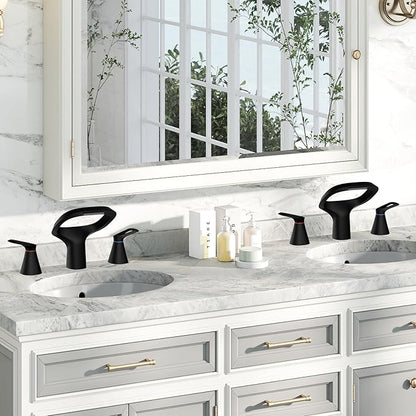 Matte Black Bathroom Faucet 3 Hole, Modern Faucet for Bathroom Sink with Adjustable Spout, Solid Brass 8 Inch Widespread Waterfall Bathroom Faucets with Supply Hoses and 2 Handles for Vanity Sink