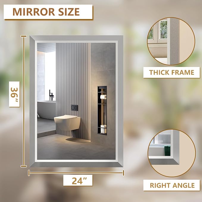 SMIROR 24x36 Brushed Silver Bathroom Vanity Mirror for Over Sink | Metal Wide Frame, Rectangle, Right- Angle Corner, Anti-Rust, Horizontally or Vertically Wall- Mounted for Home Remodel