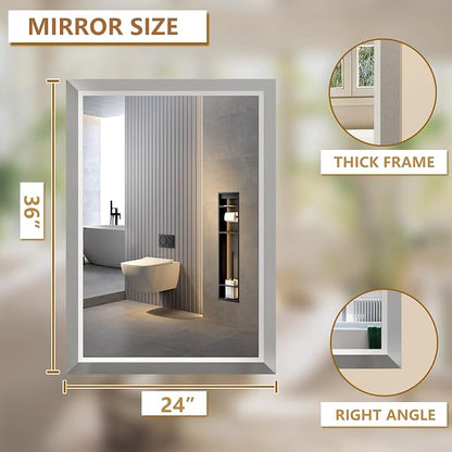 SMIROR 24x36 Brushed Silver Bathroom Vanity Mirror for Over Sink | Metal Wide Frame, Rectangle, Right- Angle Corner, Anti-Rust, Horizontally or Vertically Wall- Mounted for Home Remodel