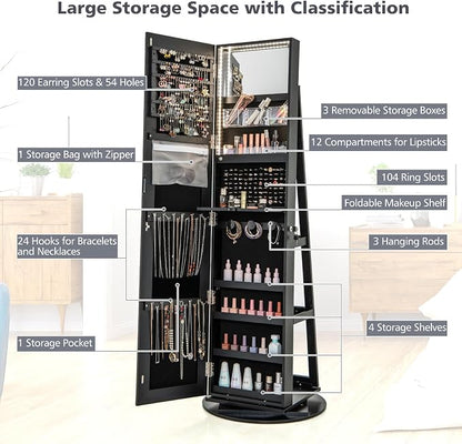 CHARMAID 360° Swivel Jewelry Armoire with Full Length Mirror, Rear Storage Shelves, Lockable Standing Jewelry Cabinet Organizer with Interior Vanity Mirror and 3-Color Lights (Black)