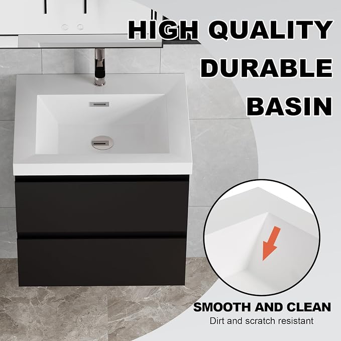 Pre-Assembled 24'' Wall Mounted Bathroom Vanity with Sink, Glossy Black | Floating Bathroom Vanity with Solid Surface Top Basin, 2 Soft-Close Drawers, Resin Integrated Sink, Easy to Install & Clean