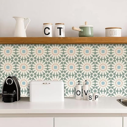 MORCART 40PCS 7.87" x 7.87" Peel and Stick Floor Tile, DIY Vinyl Flooring | Green and White Floral Look, Self-Adhesive, Removable and Waterproof Tile Sticker for Bathroom, Kitchen, Wall, Stairs