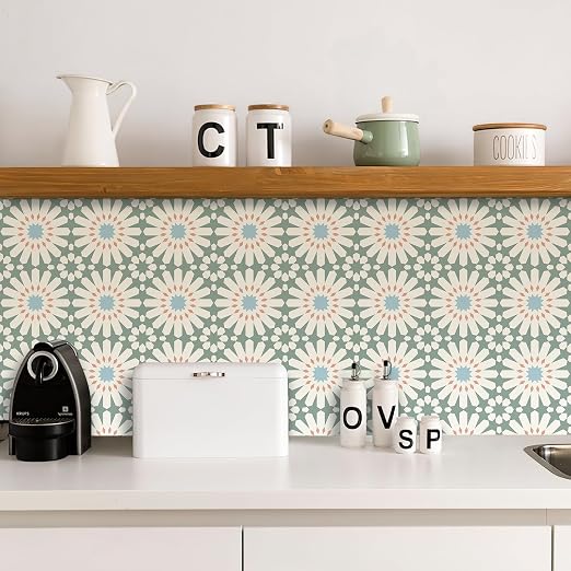 MORCART 20PCS 7.87" x 7.87" Peel and Stick Floor Tile, DIY Vinyl Flooring | Green and White Floral Look, Self-Adhesive, Removable and Waterproof Tile Sticker for Bathroom, Kitchen, Wall, Stairs