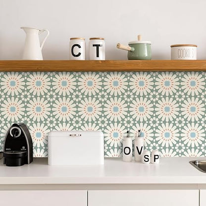 MORCART 20PCS 7.87" x 7.87" Peel and Stick Floor Tile, DIY Vinyl Flooring | Green and White Floral Look, Self-Adhesive, Removable and Waterproof Tile Sticker for Bathroom, Kitchen, Wall, Stairs
