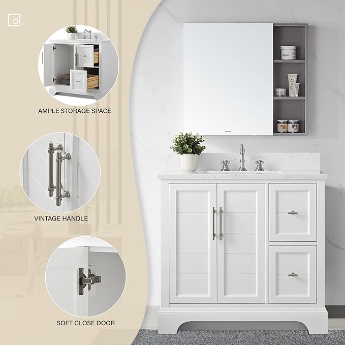 HOMEBEYOND 36 Inch Bathroom Vanity with Single Sink & Ceramic Top, Vanity Cabinet with Center Countertop Basin, Soft-Closing Doors, Backsplash, White