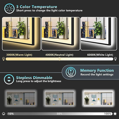 72x40 Black LED Bathroom Mirror, Backlit & Front Lit Lighted Mirror | Metal Framed Anti-Fog Vanity Mirror with Lights, 3 Color Dimmable, Memory, HD Tempered Glass, CRI95, UL Listed, Wall Mounted