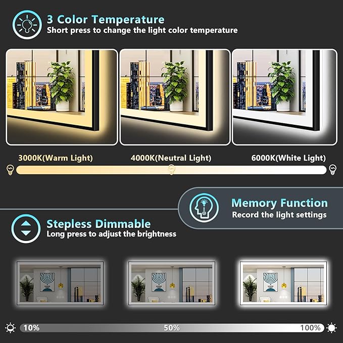 72x36 Black LED Bathroom Mirror, Backlit & Front Lit Lighted Mirror | Metal Framed Anti-Fog Vanity Mirror with Lights, 3 Color Dimmable, Memory, HD Tempered Glass, CRI95, UL Listed, Wall Mounted
