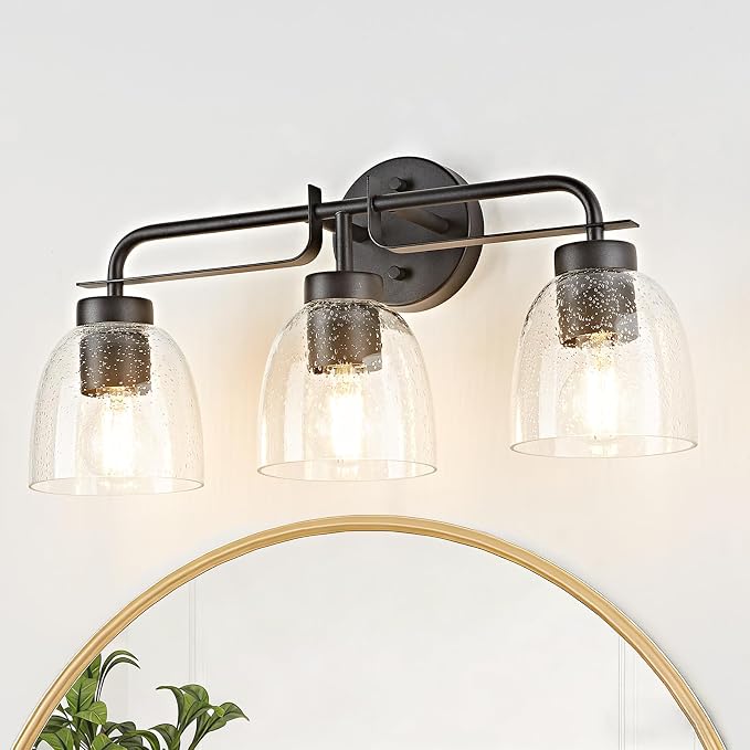 3-Light Farmhouse Bathroom Vanity Light Fixtures, Modern Industrial Black Vanity Lights for Bathroom Light Fixtures with Vintage Bubble Glass Shade Wall Sconce for Mirror, Bedroom, Hallway