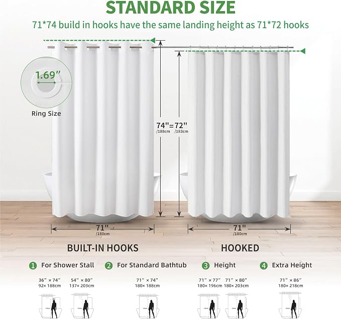 Long No Hooks & No Liner Needed Fabric Shower Curtain,71"Wx80"L,White | Linen Texture,100% Waterproof TPU Laminated Layer,Bottom Magnets,Machine Washable,Hotel Style Bathroom Curtain For Shower,Tub