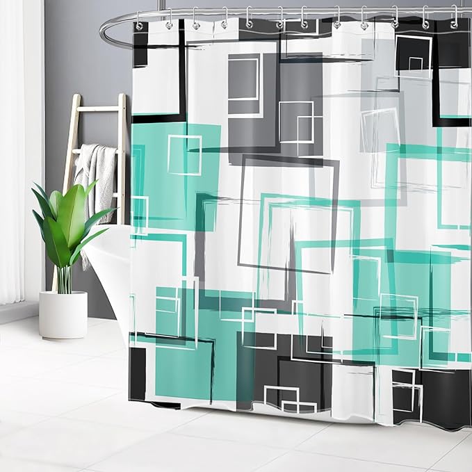 Teal Geometric Shower Curtain with Hooks Mid Century Modern Neutral Geometric Fabric Shower Curtain Modern Design Teal and Grey Pattern Abstract Bathroom Curtains Shower Set, 72Lx72W inches