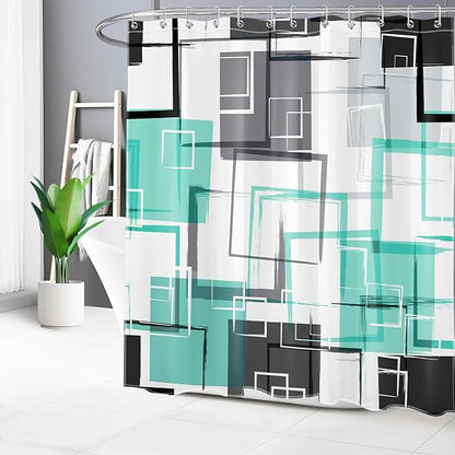 Teal Geometric Shower Curtain with Hooks Mid Century Modern Neutral Geometric Fabric Shower Curtain Modern Design Teal and Grey Pattern Abstract Bathroom Curtains Shower Set, 72Lx72W inches