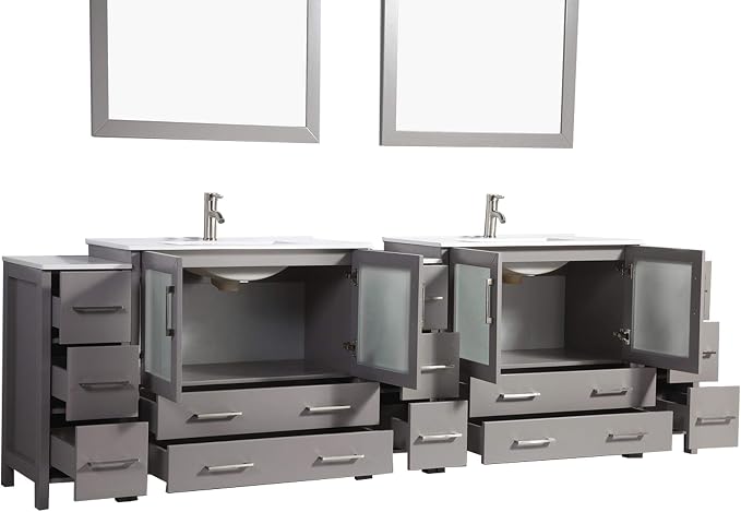 Vanity Art 108 Inch Under Mount Double Sink Bathroom Vanity Cabinet with 2 Mirrors, Ceramic Top Bathroom Cabinet Compact Set with 13 Dovetail Storage Drawers and Brushed Nickel Handles, VA3036-108-G