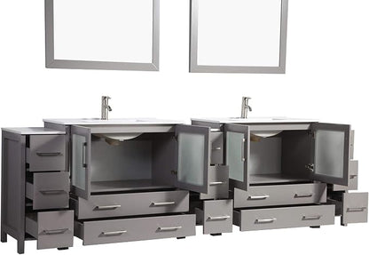 Vanity Art 108 Inch Under Mount Double Sink Bathroom Vanity Cabinet with 2 Mirrors, Ceramic Top Bathroom Cabinet Compact Set with 13 Dovetail Storage Drawers and Brushed Nickel Handles, VA3036-108-G