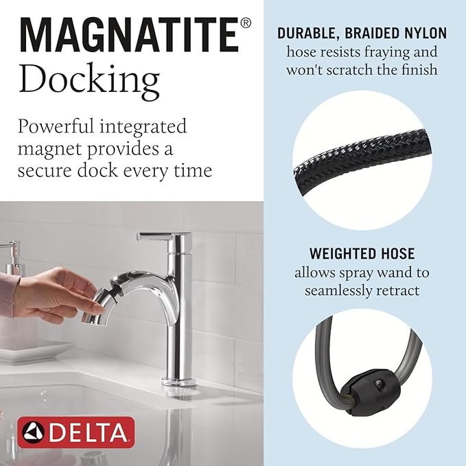 Delta Nicoli 1 Hole Pull Down Bathroom Faucet with Sprayer, Chrome Single Hole Bathroom Sink Faucet with Pull Out Sprayer for Vanity, Metal Push-Pop Drain, Chrome 15749LF-PD