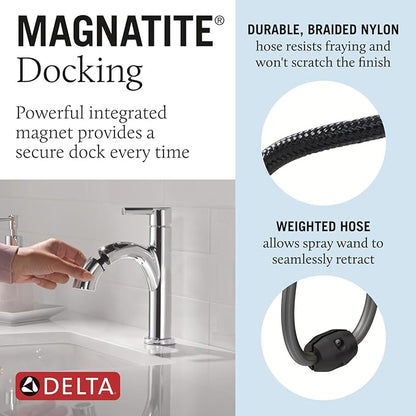 Delta Nicoli 1 Hole Pull Down Bathroom Faucet with Sprayer, Chrome Single Hole Bathroom Sink Faucet with Pull Out Sprayer for Vanity, Metal Push-Pop Drain, Chrome 15749LF-PD