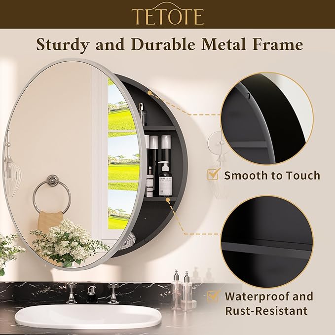 TETOTE 24 x 24 Inch Medicine Cabinet Mirror Matte Silver Gray Framed Round Mirrored Medicine Cabinets for Bathroom Adjustable Shelves Modern Bathroom Mirror with Storage Wall Mounted