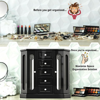 RR ROUND RICH DESIGN Vintage Jewelry Armoire with Mirror Black | Solid Wood Jewelry Box Organizer with 5 Drawers & 2 Glass Doors - Large Capacity Desktop Dresser Case