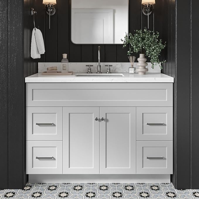 DKB Bradford 48-Inch Bathroom Vanity with Sink — Grey Single Sink Bathroom Vanity, 1.5" Edge Carrara White Quartz Countertop, Solid Wood, 2 Soft-Close Doors, 4 Full Extension Dovetail Drawers