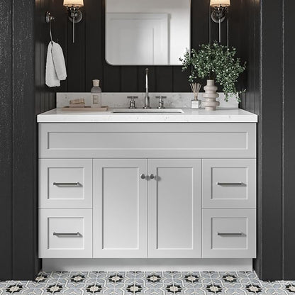 DKB Bradford 48-Inch Bathroom Vanity with Sink — Grey Single Sink Bathroom Vanity, 1.5" Edge Carrara White Quartz Countertop, Solid Wood, 2 Soft-Close Doors, 4 Full Extension Dovetail Drawers