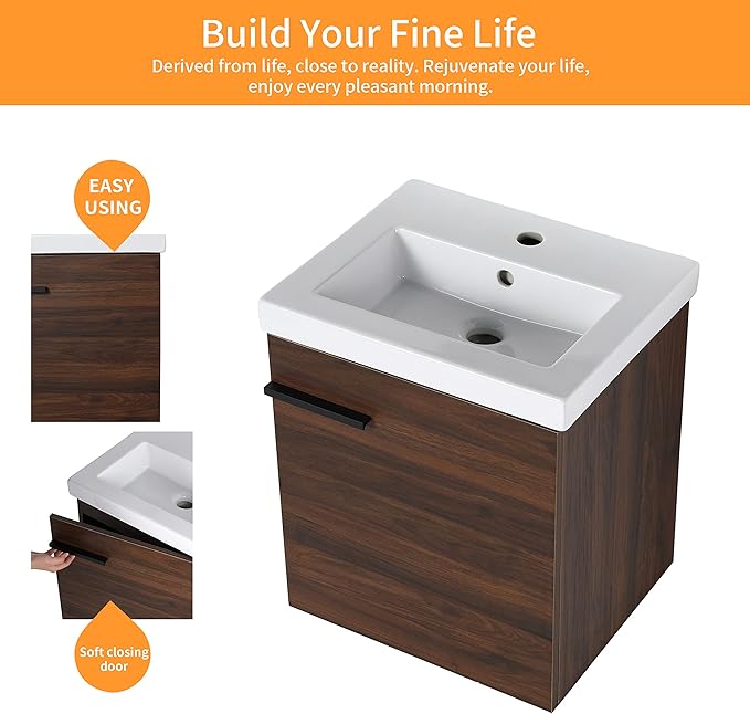 18" Small Bathroom Vanity with Sink, 18 Inch Floating Bathroom Vanity for Small Space, Wall Mounted Cabinet Set
