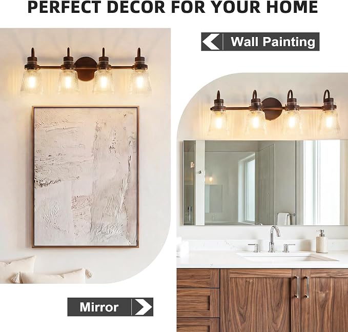 Vintage Farmhouse Vanity Wall Sconce Lighting, 4-Light Oil Rubbed Bronze Bathroom Vanity Light Over Mirror with Clear Striped Glass Shade, 25.7" Retro Wall Lamp for Bedroom Living Room