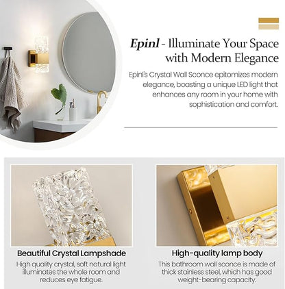 Gold Sconces Wall Lighting - Crystal Wall Sconces Set of Two Modern Bathroom Vanity Light Fixtures Hardwire Modern 4000K Dimmable LED Wall Mounted Sconces for Hallway Living Room