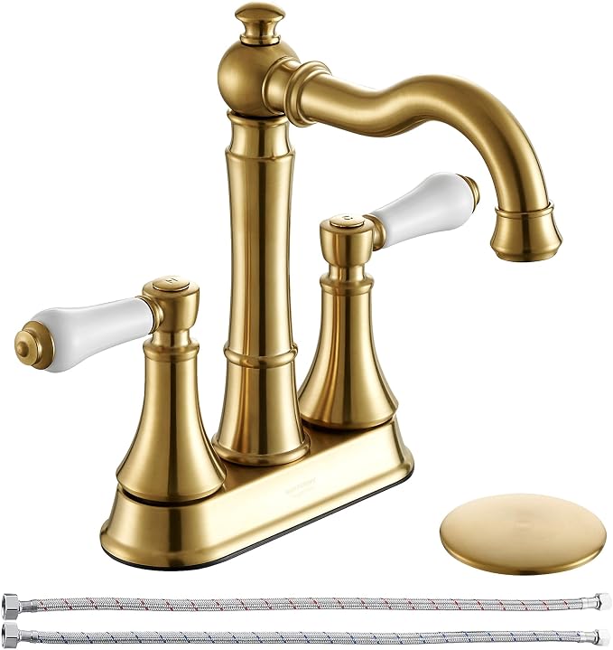 Porcelain 2-Handle Brushed Gold Bathroom Faucet 4 Inch Centerset | with Plastic Pop-up Drain and Two 23.6" Supply Lines, Classical Gold Bath Vanity Sink Faucets for 2/3-Hole Sinks, Brass Spout