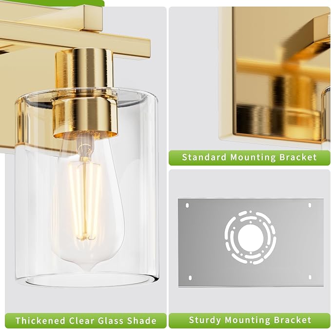 3-Light 21inch Brushed Gold Vanity Light, Thickened Clear Glass | Over Mirror for Bathroom, Rust Resistant, E26 Base, Easy Install, Removable Glass Shade Horizontal Mount, Dimmable