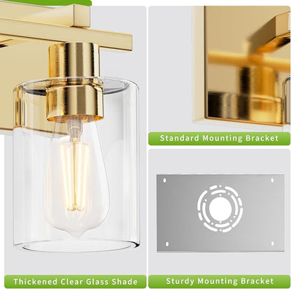 3-Light 21inch Brushed Gold Vanity Light, Thickened Clear Glass | Over Mirror for Bathroom, Rust Resistant, E26 Base, Easy Install, Removable Glass Shade Horizontal Mount, Dimmable