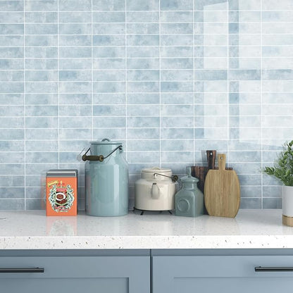 Tilingview 30 PCS Peel and Stick Backsplash Tile for Kitchen/Bathroom/Living Room, 3"x 9" Self-Adhesive Subway Tile for Backsplash, Imitation Glazed Tiles/Handmade Tiles (Glossy Pastel Blue)