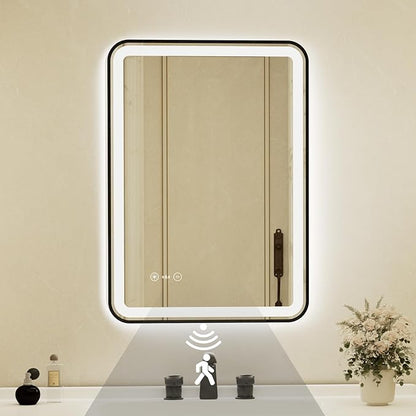 24x32 Inch Black Framed LED Bathroom Mirror with Lights,Smart Bathroom Mirror,Motion Sensor,Anti-Fog,Stepless Dimmable & 3 Colors,Memory,Vanity Mirror for Wall