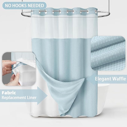 Aqua No Hook Shower Curtain and Liner Set,Hotel Waffle Shower Curtain with Liner 75" L x 72" W