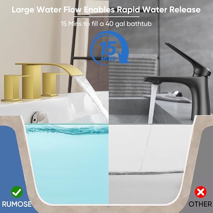 RUMOSE Roman Bathtub Faucet Set Waterfall Tub Faucets Brushed Gold | High Flow Widespread 6-16 Inch 3 Holes Deck Mount Tub Filler 2 Handles Bathtub Filler Soaking Bath Faucet