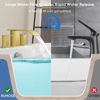 RUMOSE Roman Bathtub Faucet Set Waterfall Tub Faucets Brushed Gold | High Flow Widespread 6-16 Inch 3 Holes Deck Mount Tub Filler 2 Handles Bathtub Filler Soaking Bath Faucet