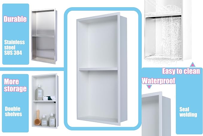 24 x 12 in Recessed Shower Niche with Double Shelves, Matte White Stainless Steel Wall Insert, No Tile Needed, Leakproof Built-in Storage for Bathroom, Kitchen