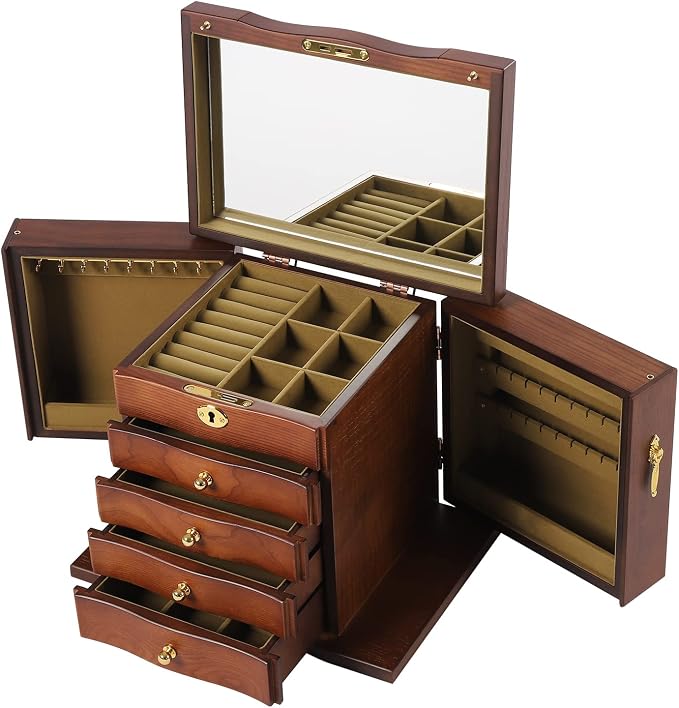 Extra Large 5 Layers Wooden Jewelry Box Jewelry Case Cabinet Armoire Ring Necklacel Gift Storage Box Organizer(5 Layers,W/mirror,Brown)