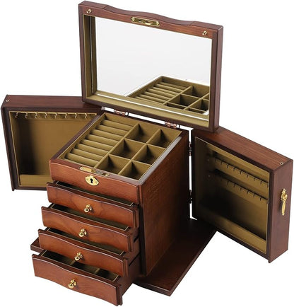 Extra Large 5 Layers Wooden Jewelry Box Jewelry Case Cabinet Armoire Ring Necklacel Gift Storage Box Organizer(5 Layers,W/mirror,Brown)