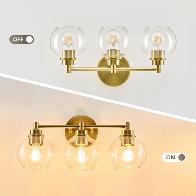 VONLUCE 3 Light Bathroom Vanity Light Fixtures, Gold Finish | Globe Glass Shades, E26 Sockets, Easy to install, Vanity Lights for Bedroom Hallway Living Room