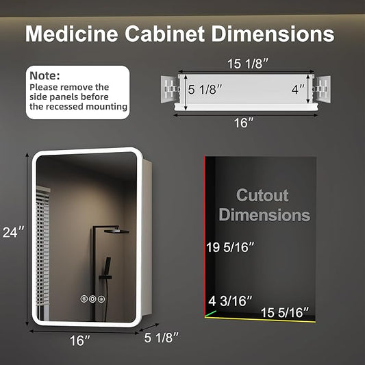 Medicine Cabinet with LED Lights and Mirror, 16 x 24 Inch Surface or Recessed Mounted Bathroom Cabinet with Door, Defogger, Memory Function, 3-Color Mode, Outlet&USB, Dimmer, Storage Shelf