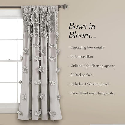Lush Decor Riley Light Filtering Window Curtain Panel, Single 54" W x 63" L, Light Gray - Cute Gray Curtains for Bedroom - Bow Decor - Coquette Curtains for Windows