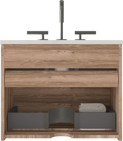 24" Floating Bathroom Vanity with Sink, Modern Wall Mounted Floating Vanity with Ceramic Sink, Double Soft-Close Drawers for Small Space, Apartment, Rough Oak