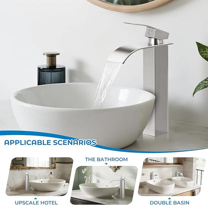 Nickel Bathroom Faucets, Tall Waterfall Bathroom Sink Faucet Modern Single Handle Bathroom Faucte 1 Hole, Tall Spout Vessel Faucet Mixer Tap Washbasin Faucet with Pop-up Drain, Supply Hoses